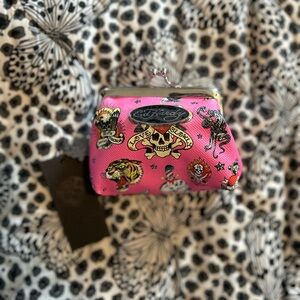 Ed Hardy Hot Pink Tattoo-Print Kiss Lock Coin Purse